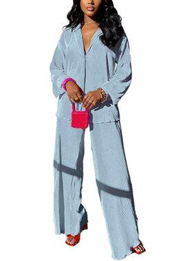 🆕Women's Sky Blue Casual 2 Piece Outfit Linen Long Sleeve Button Down Shirt